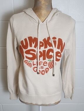 Cream V-Neck Hoodie Sweater with Pumpkin Spice Life is Good Graphic Soft